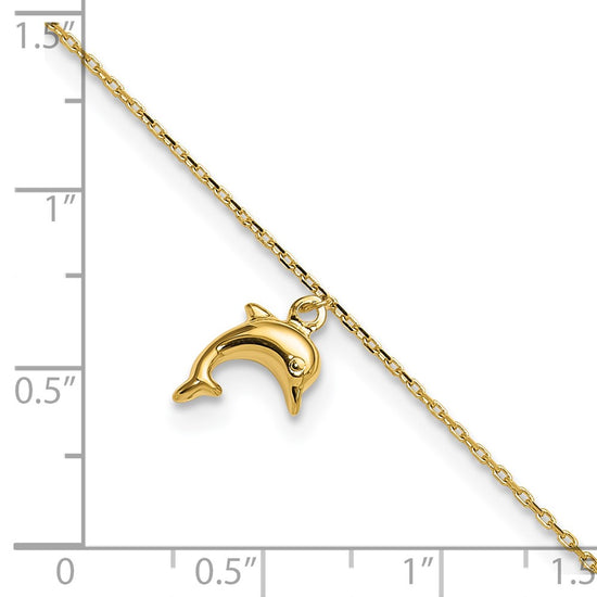 10k Polished Dolphin Charm 9 inch Plus 1 inch Extender - Total 10 inch Anklet