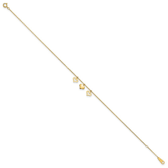 10k Polished Three Heart Dangles 9 inch Plus 1 inch Extender - Total 10 inch Anklet