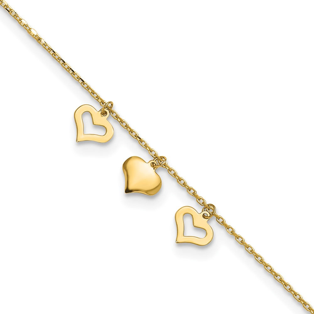 10k Polished Three Heart Dangles 9 inch Plus 1 inch Extender - Total 10 inch Anklet