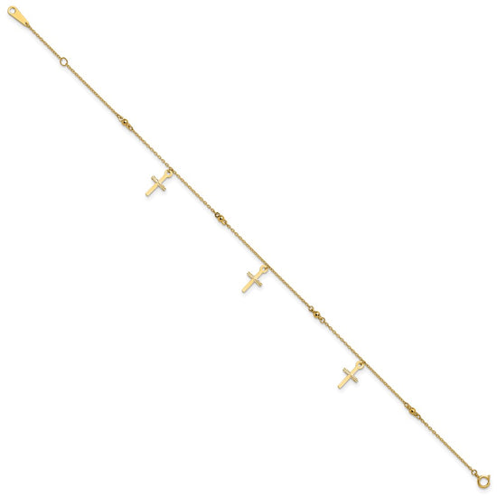 10k Polished Cross Dangle and Beads 9 inch Plus 1 inch Extender - Total 10 inch Anklet