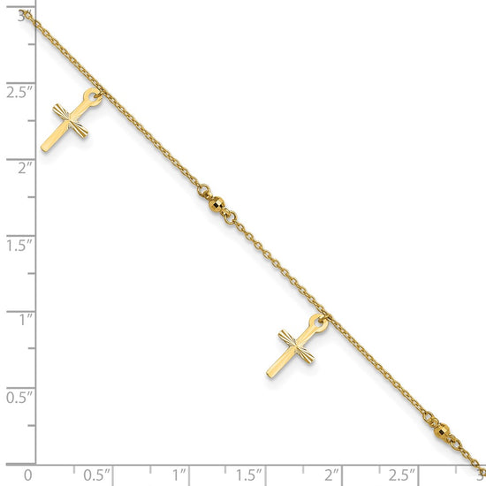 10k Polished Cross Dangle and Beads 9 inch Plus 1 inch Extender - Total 10 inch Anklet