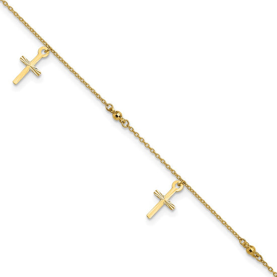 10k Polished Cross Dangle and Beads 9 inch Plus 1 inch Extender - Total 10 inch Anklet