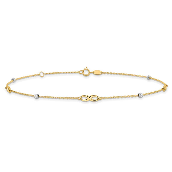 10K Two-Tone Infinity and Diamond-cut Beads 10 inch Plus 1 inch Extender - Total 11 inch Anklet
