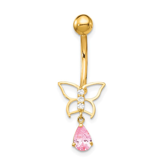 10k 14 Gauge Dangle Butterfly with Pink CZ Belly Dangle