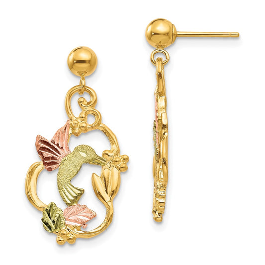 10k and 12k Tri-color Black Hills Gold Hummingbird with Flower and Leaves Dangle Post Earrings