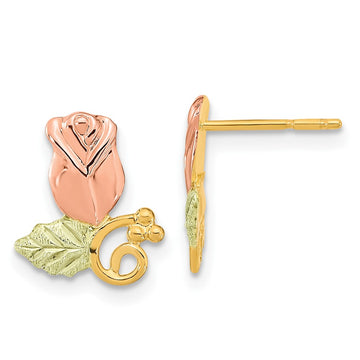 10k and 12k Tri-color Black Hills Gold Rosebud and Leaf Post Earrings