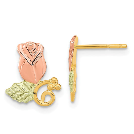 10k and 12k Tri-color Black Hills Gold Rosebud and Leaf Post Earrings