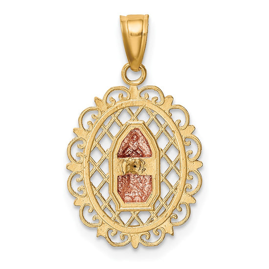 10k Two-tone and White Rhodium Oval Our Lady of Guadalupe with Scalloped Border Pendant