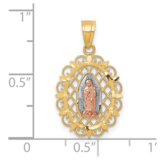 10k Two-tone and White Rhodium Oval Our Lady of Guadalupe with Scalloped Border Pendant