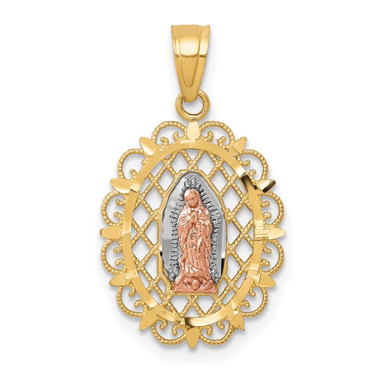 10k Two-tone and White Rhodium Oval Our Lady of Guadalupe with Scalloped Border Pendant