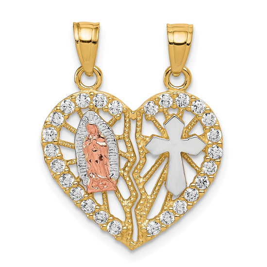 10k Two-tone and White Rhodium CZ Our Lady of Guadalupe / Cross Break-apart Heart Pendant