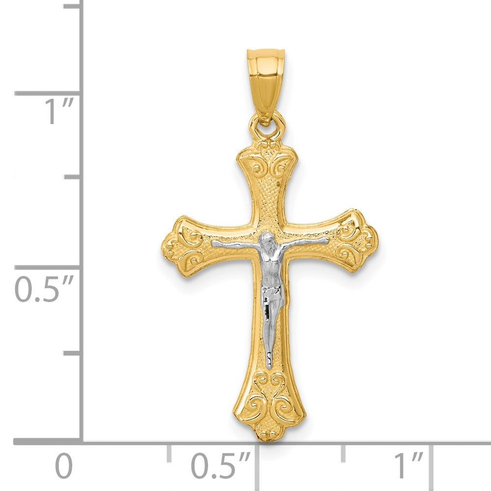 10K and White Rhodium Fleur De Lis Crucifix Pendant