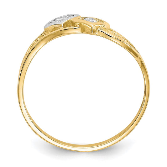 10K w/Rhodium Double Heart CZ Ring