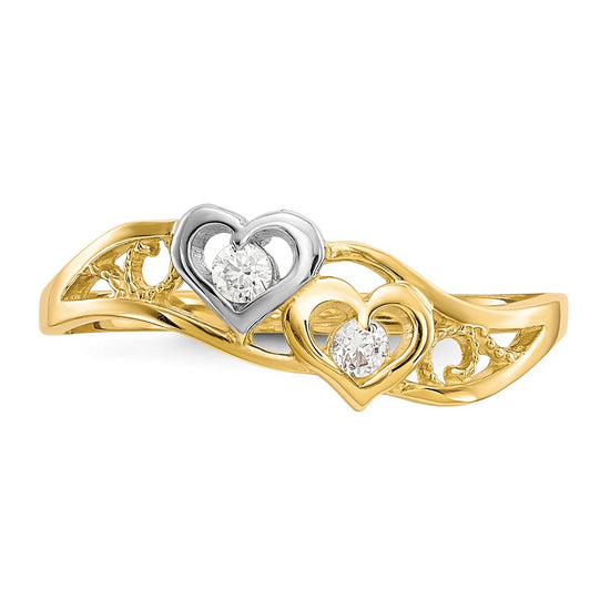 10K w/Rhodium Double Heart CZ Ring