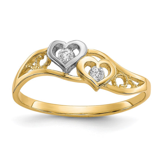 10K w/Rhodium Double Heart CZ Ring