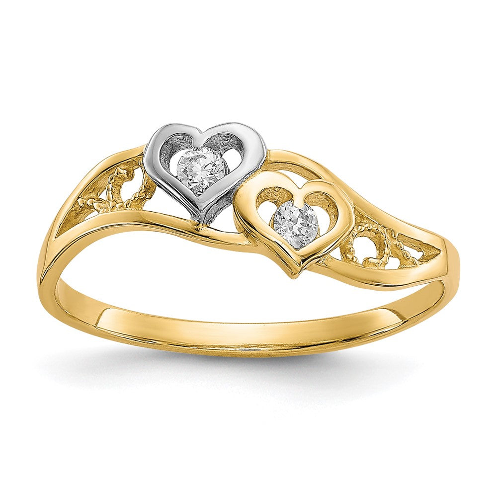 10K w/Rhodium Double Heart CZ Ring