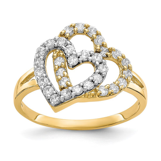 10K w/Rhodium Double Heart CZ Ring