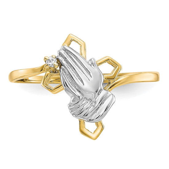 10k & Rhodium Praying Hands CZ w/Cross Ring