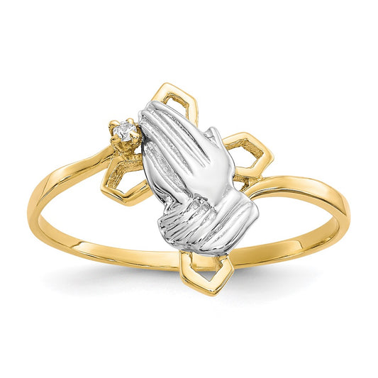 10k & Rhodium Praying Hands CZ w/Cross Ring