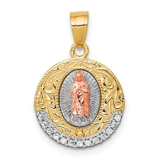 10K Two-Tone and White Rhodium CZ Round Our Lady Of Guadalupe Pendant