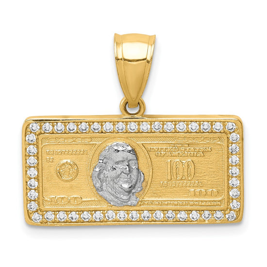 10K and White Rhodium CZ Micropave 100 Dollar Bill Pendant