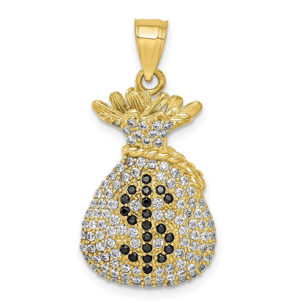 10K Black and Clear CZ Micro Pave Money Bag with Dollar Sign Pendant