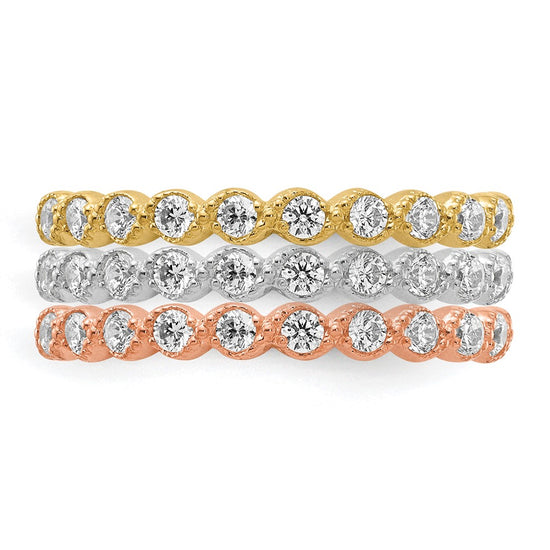 10K Tri-color Set of Three Stackable CZ Rings