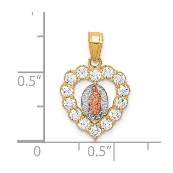 10K Two-Tone and White Rhodium CZ Our Lady of Guadalupe Heart Pendant
