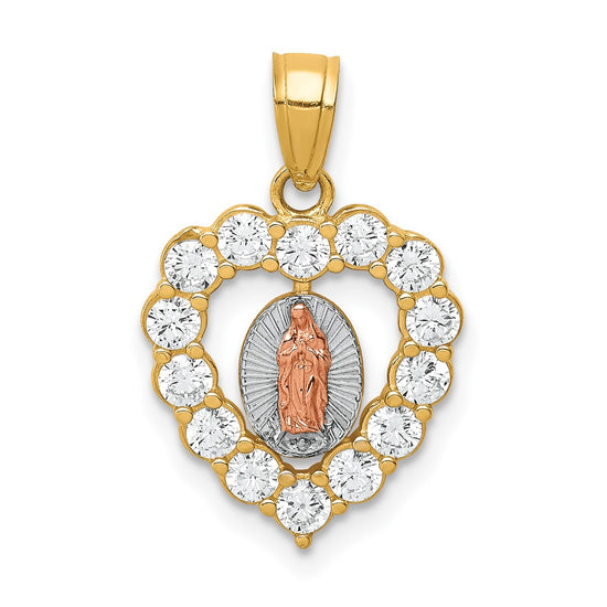 10K Two-Tone and White Rhodium CZ Our Lady of Guadalupe Heart Pendant