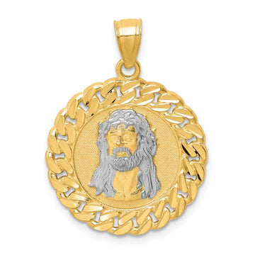 10K and White Rhodium Diamond-cut Jesus Face Pendant
