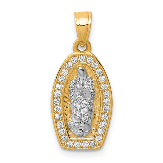 10K and White Rhodium CZ Pave Oval Our Lady of Guadalupe Pendant