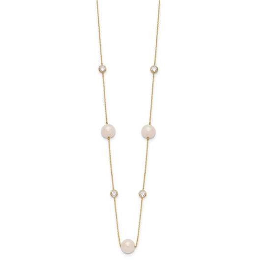 10K Bezel-set CZ and 7-8mm White Semi-Round Freshwater Cultured Pearl 7-Station 20 inch Necklace