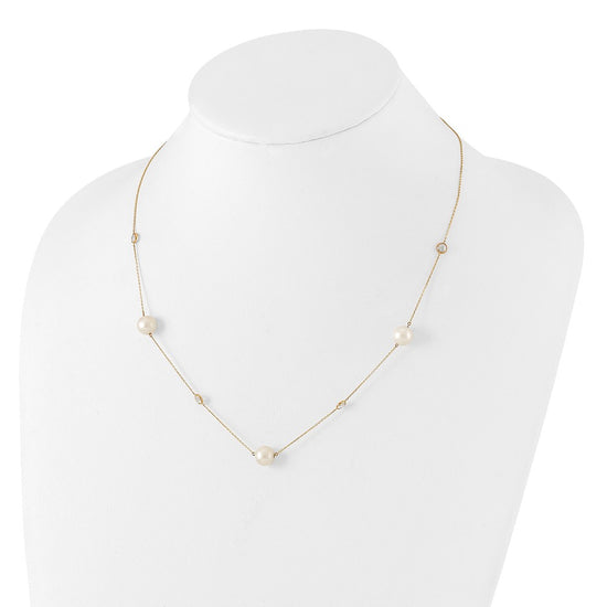 10K Polished CZ and 7-8mm FWC Pearl 7 Station Necklace