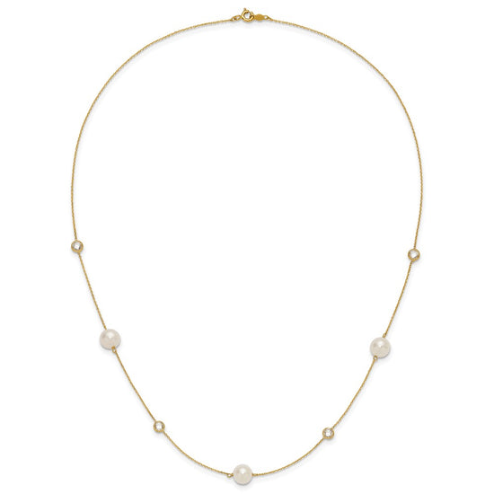 10K Polished CZ and 7-8mm FWC Pearl 7 Station Necklace