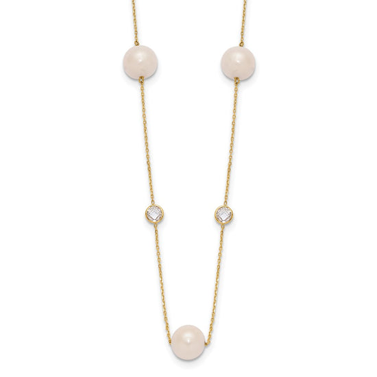 10K Polished CZ and 7-8mm FWC Pearl 7 Station Necklace