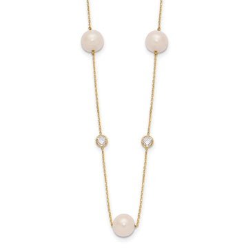 10K Polished CZ and 7-8mm FWC Pearl 7 Station Necklace