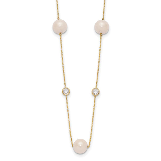 10K Bezel-set CZ and 7-8mm White Semi-Round Freshwater Cultured Pearl 7-Station 20 inch Necklace