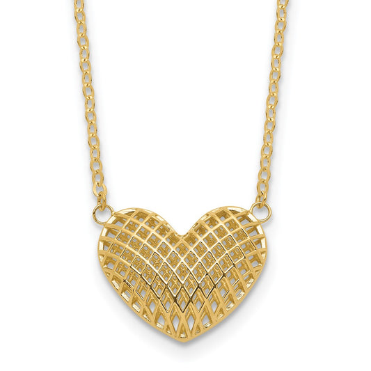 10k Polished Hollow 3-D Basketweave Heart 18 inch Necklace