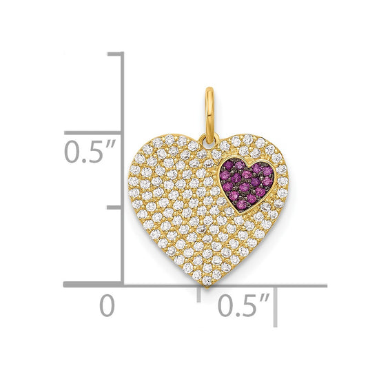 10K Polished Clear & Red CZ Heart Charm