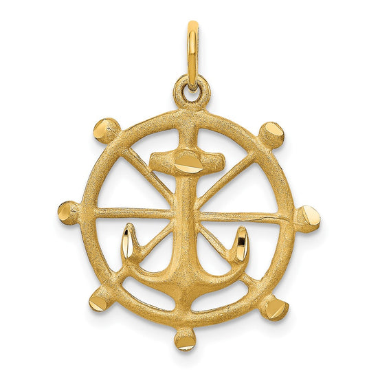 10k Satin Diamond-cut Anchor in Ships Wheel Charm