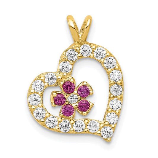 10k Red and Clear CZ Heart and Flower Pendant