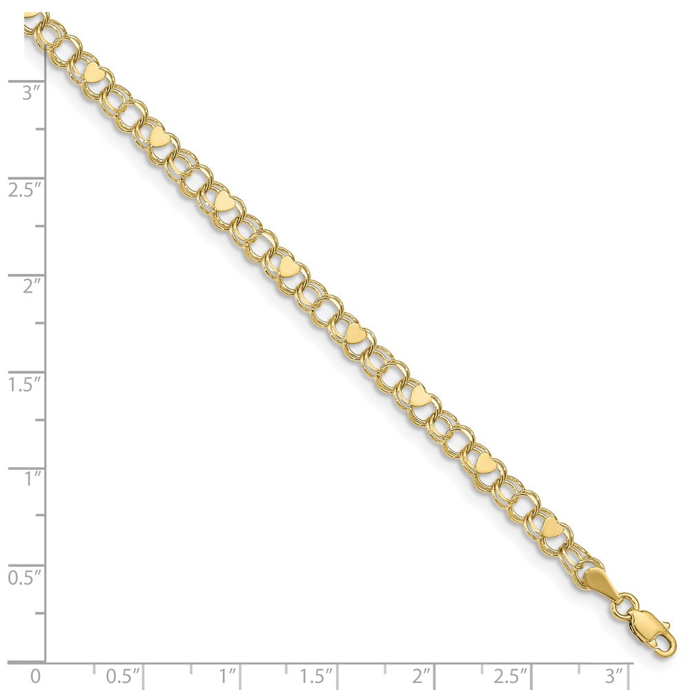 10k 4mm Solid Double Link with Hearts 7 inch Charm Bracelet