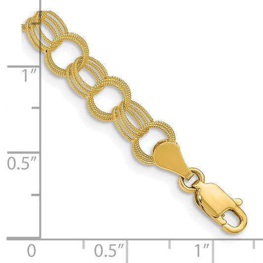 10k 6mm Solid Textured Triple Link 7 inch Charm Bracelet