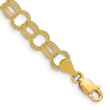 10k 6mm Solid Textured Triple Link 8 inch Charm Bracelet