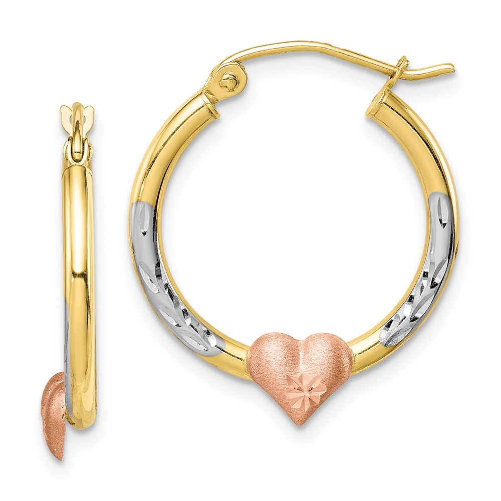 Gold Two-tone w/Rhodium Heart Hoop Earrings