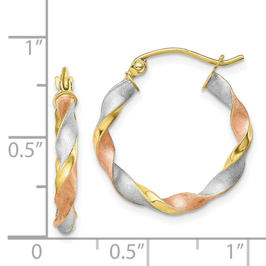 10k with White and Rose Rhodium Satin Twisted Round Hoop Earrings
