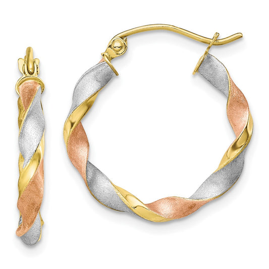 10k with White and Rose Rhodium Satin Twisted Round Hoop Earrings
