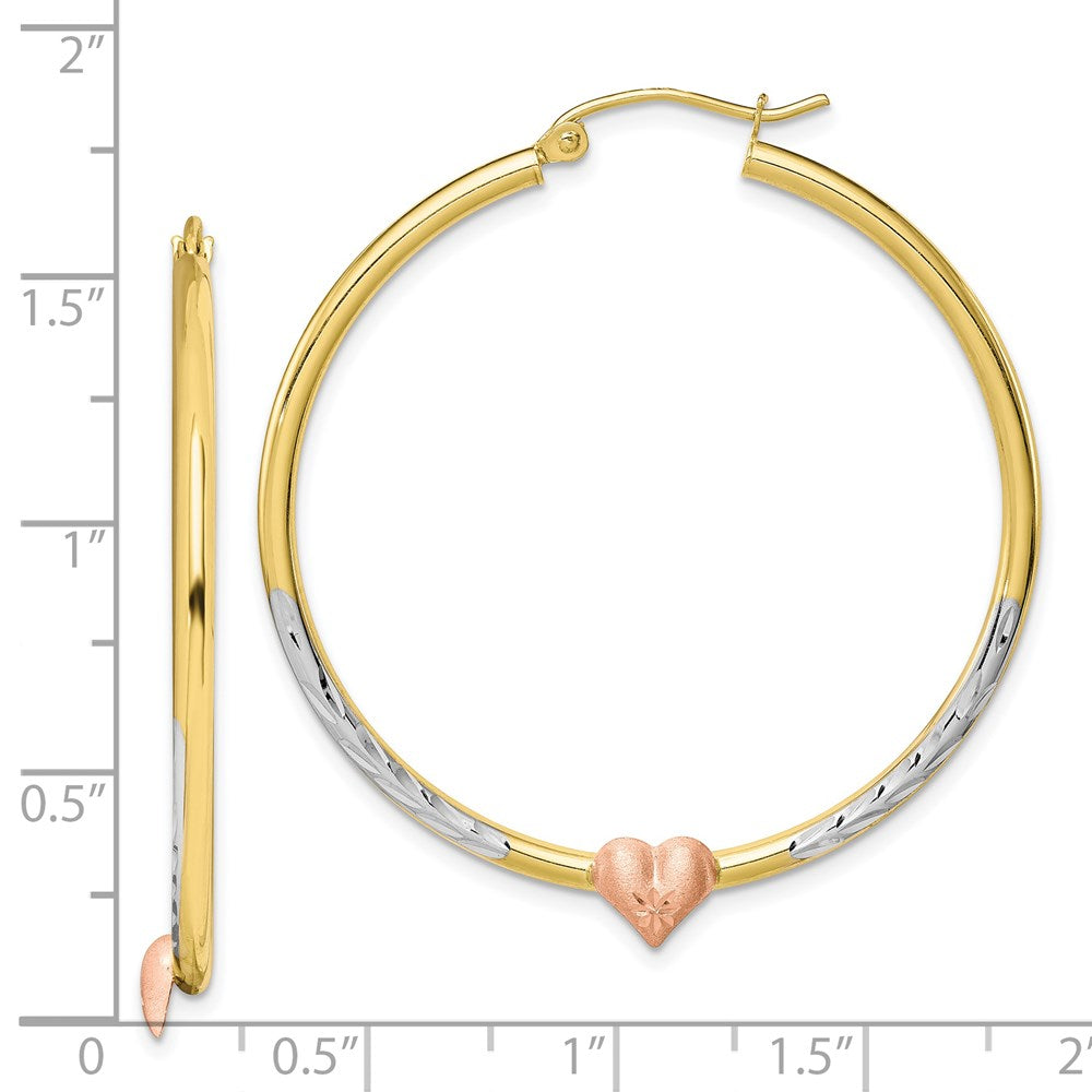 Gold Two-tone w/Rhodium Heart Hoop Earrings