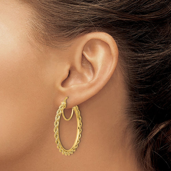 10k Polished and D/C Rope 2.95mm Hoop Earrings