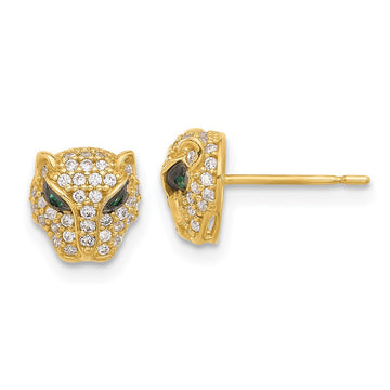 10K Polished Clear & Green CZ Lioness Head Post Earrings